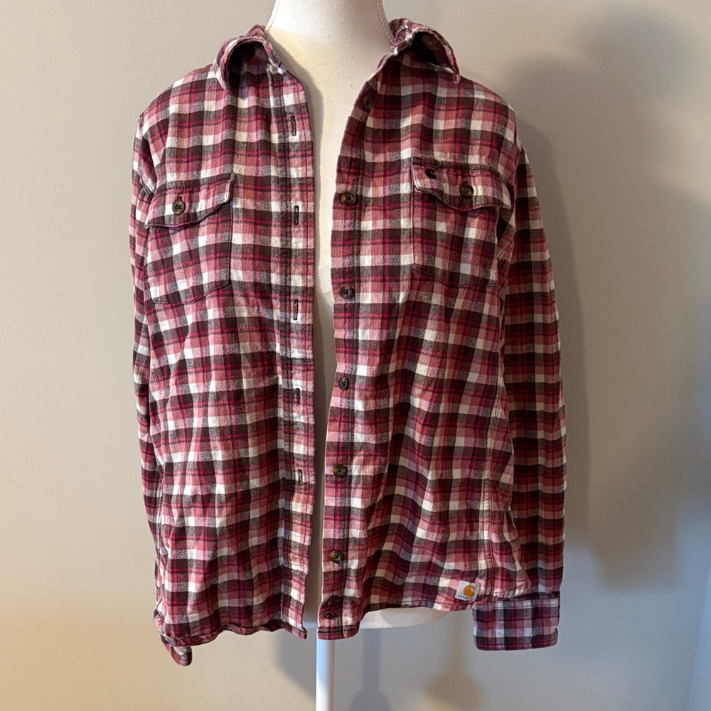 Carhartt Plaid Button-Up Pink And Brown Flannel Shirt. Size Large